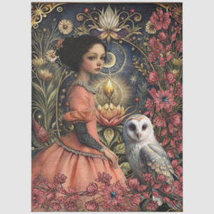 Victorian Gothic Girl White Owl Floral Collage Tissue Paper