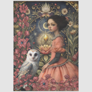 Victorian Gothic Girl White Owl Floral Collage Tissue Paper