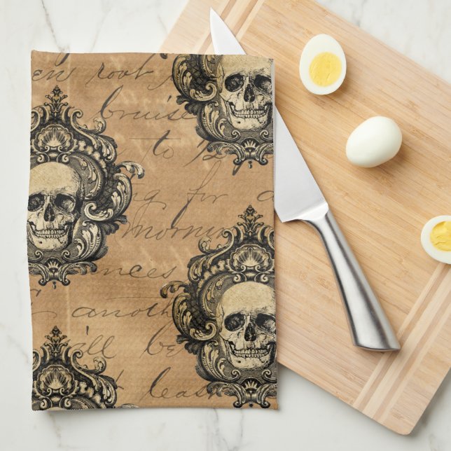 Victorian Gothic Glam Skull  Tea Towel (Quarter Fold)