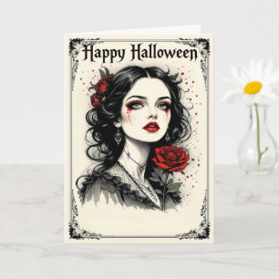 Victorian Gothic Halloween Lady with Red Rose Card