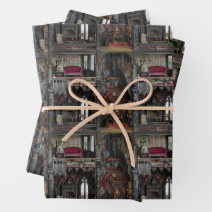 Victorian Gothic Haunted Dollshouse with Dolls in  Wrapping Paper Sheet