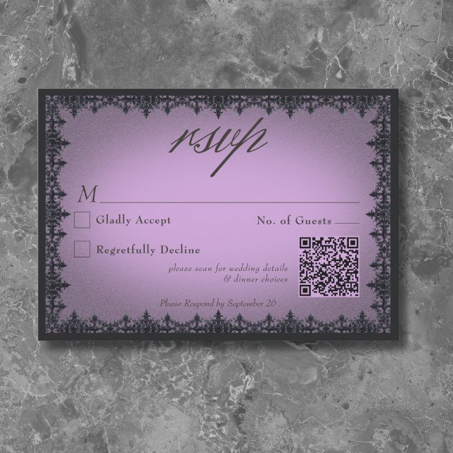 Victorian Gothic Iron Border Purple Wedding QR RSVP Card (Victorian Gothic Iron Border Purple Wedding QR RSVP Card)