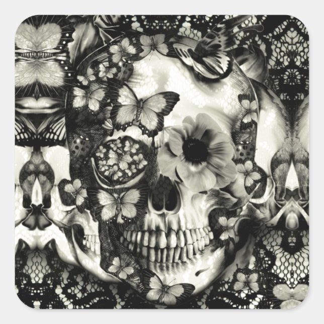 Victorian gothic lace skull pattern square sticker (Front)