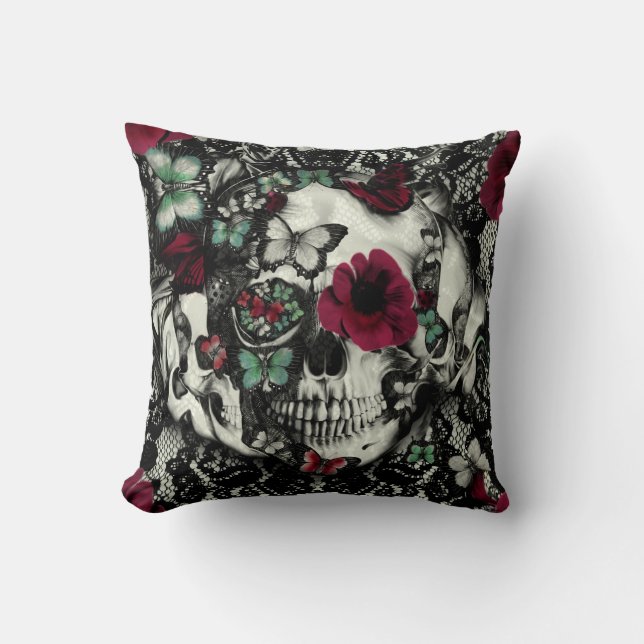 Victorian Gothic lace skull with butterflies Cushion (Front)