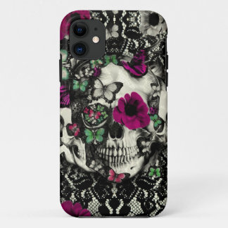 Victorian gothic lace skull with pink accents iPhone 11 case