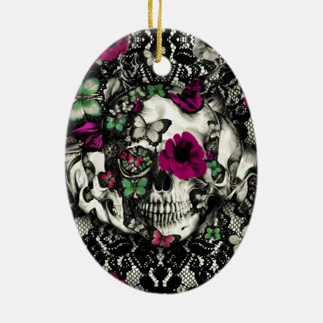 Victorian gothic lace skull with pink accents ceramic tree decoration (Back)