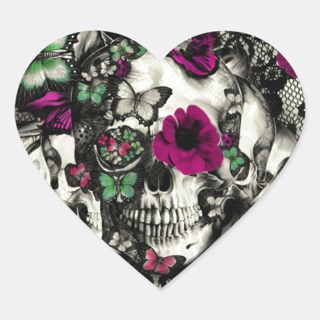 Victorian gothic lace skull with pink accents heart sticker (Front)