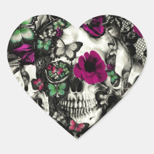 Victorian gothic lace skull with pink accents heart sticker