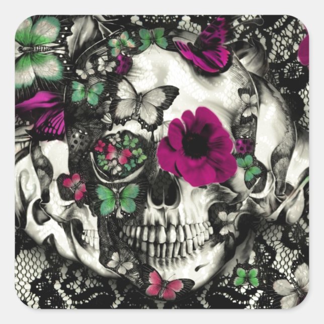 Victorian gothic lace skull with pink accents square sticker (Front)