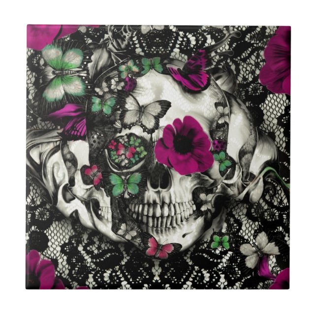 Victorian gothic lace skull with pink accents tile (Front)