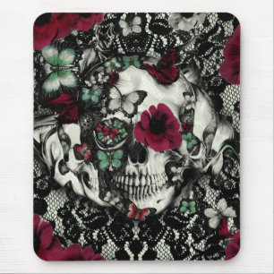 Victorian gothic lace skull with red accents mouse mat