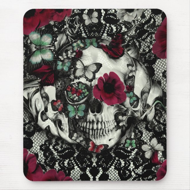 Victorian gothic lace skull with red accents mouse mat (Front)