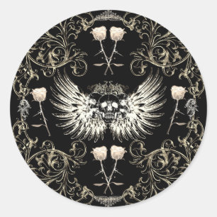 Victorian Gothic Romance Skull Wings & White Roses Classic Round Sticker