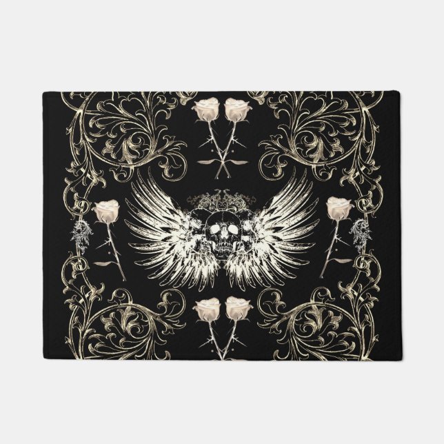 Victorian Gothic Romance Skull Wings & White Roses Doormat (Front)