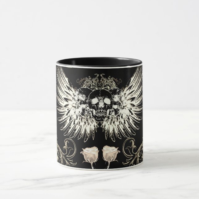 Victorian Gothic Romance Skull Wings & White Roses Mug (Center)