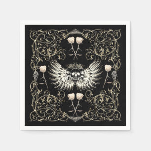 Victorian Gothic Romance Skull Wings & White Roses Napkin