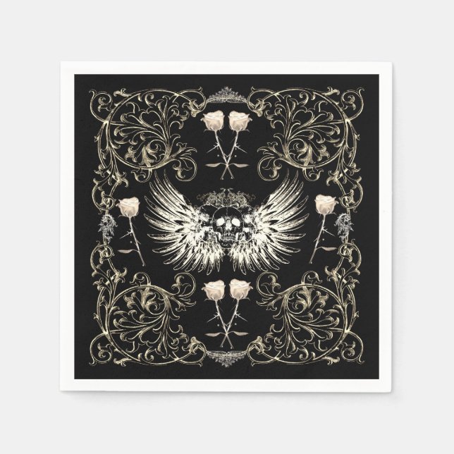 Victorian Gothic Romance Skull Wings & White Roses Napkin (Front)
