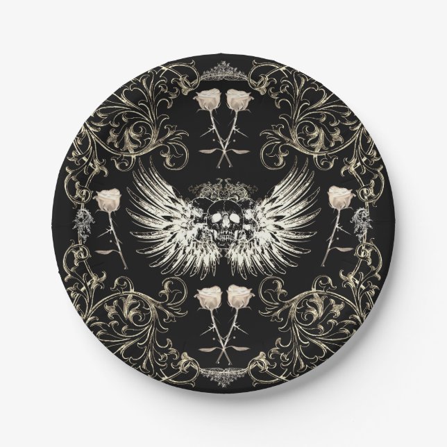 Victorian Gothic Romance Skull Wings & White Roses Paper Plate (Front)