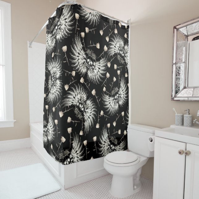 Victorian Gothic Romance Skull Wings & White Roses Shower Curtain (In Situ)