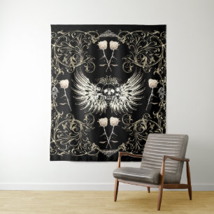 Victorian Gothic Romance Skull Wings & White Roses Tapestry
