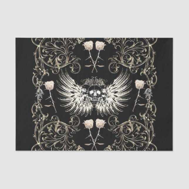 Victorian Gothic Romance Skull Wings & White Roses Tissue Paper (Front)