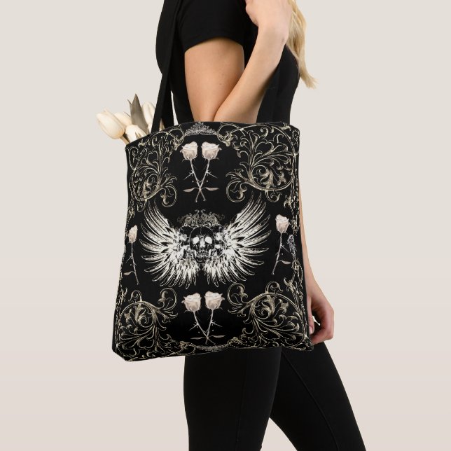 Victorian Gothic Romance Skull Wings & White Roses Tote Bag (Close Up)