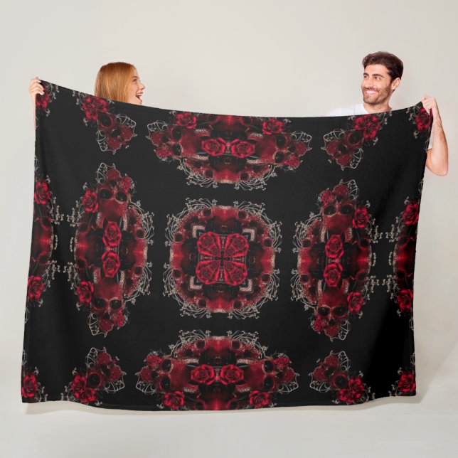 Victorian Gothic Rose Skulls Silk Foulard Pattern Fleece Blanket (In Situ)