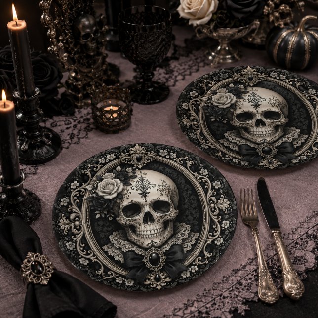 Victorian Gothic Skull Black Ivory Dark Romance Paper Plate (Creator Uploaded)