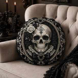 Victorian Gothic Skull Black Ivory Dark Romance Round Cushion