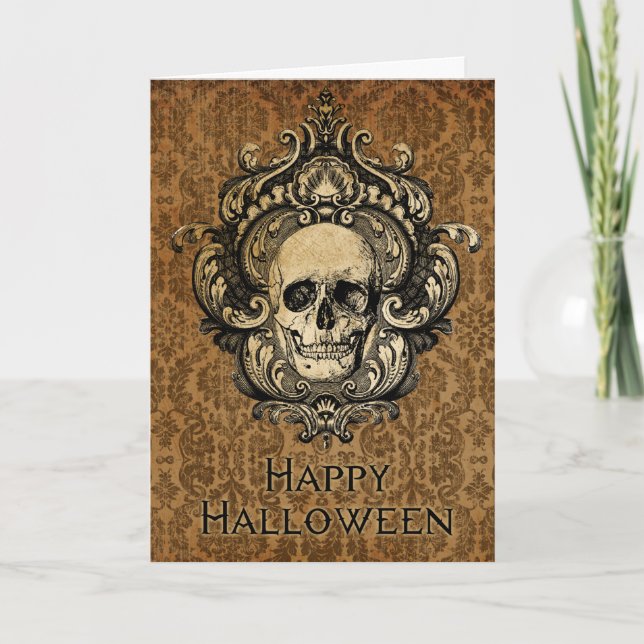 Victorian Gothic Skull  Damask Halloween Card (Front)