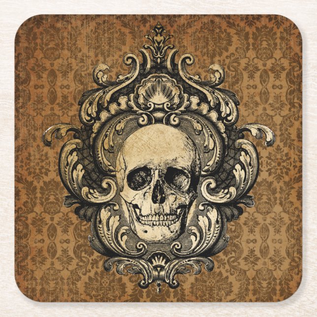 Victorian Gothic Skull  Damask Halloween  Square Paper Coaster (Front)