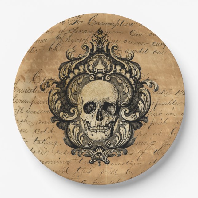 Victorian Gothic Skull Halloween Paper Plate (Front)