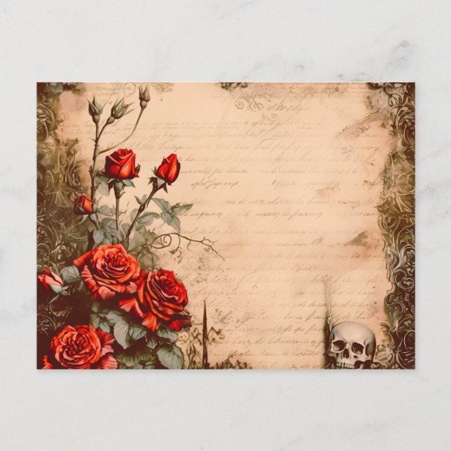 Victorian Gothic Skull Red Roses Halloween Holiday Postcard (Front)