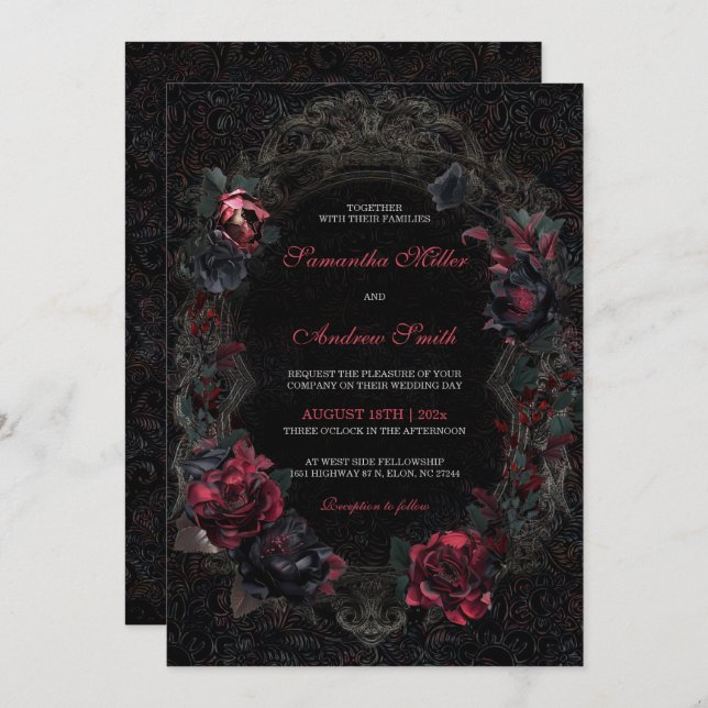 Victorian Gothic Wedding Invitations Black and Red (Front/Back)