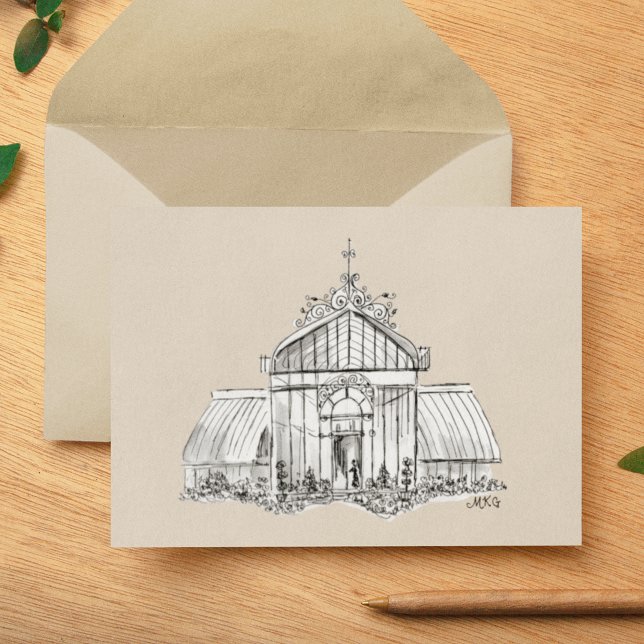 Victorian Greenhouse Botanical Garden Elegant Art Card (This ink drawing of a Victorian greenhouse is lovely on a kraft background as well as classic white.)