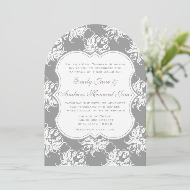 Victorian Grey Damask Wedding Invitation (Standing Front)