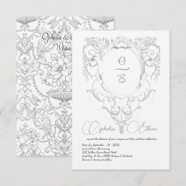 Victorian Grey Monogram crest wedding Invitation (Front/Back)