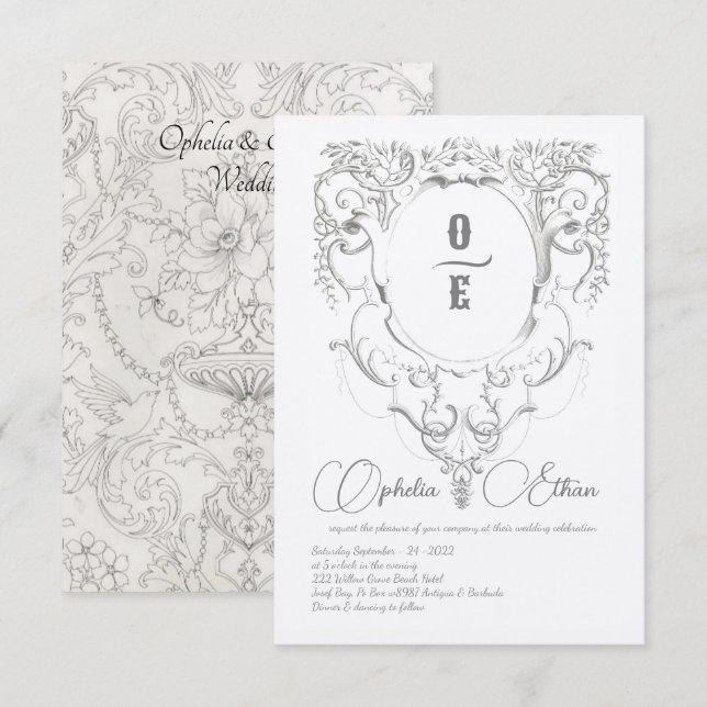 Victorian Grey Monogram crest wedding Invitation (Front/Back)