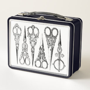 Victorian hairdresser sewing scissors elegant metal lunch box