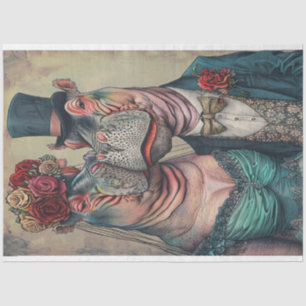 Victorian Hippo Couple in Teal Attire Decoupage  Tissue Paper