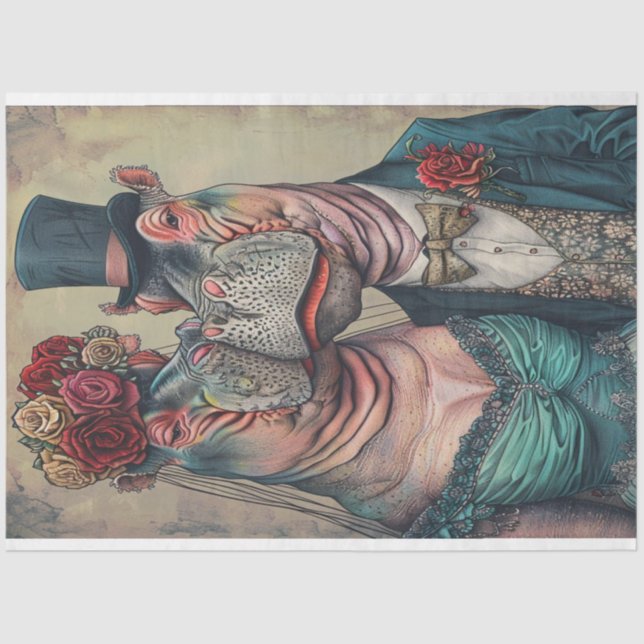 Victorian Hippo Couple in Teal Attire Decoupage  Tissue Paper (Front)