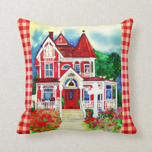 Victorian House Drawing on Throw Pillow