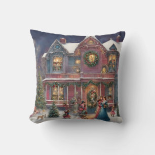 Victorian House, Ladies, Children on Christmas Eve Cushion