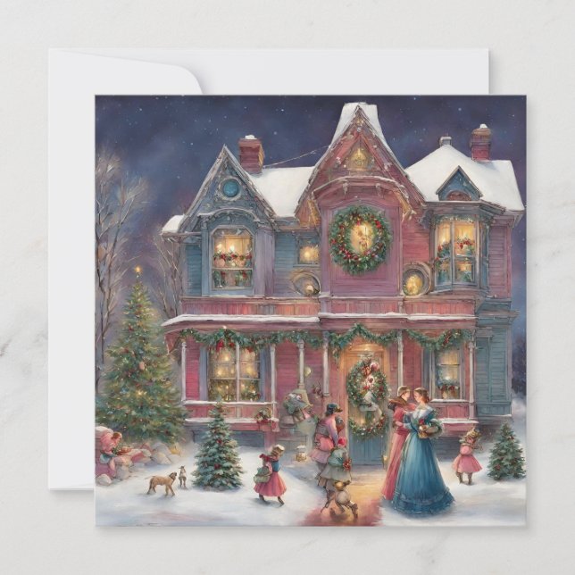 Victorian House, Ladies, Children on Christmas Eve Holiday Card (Front)