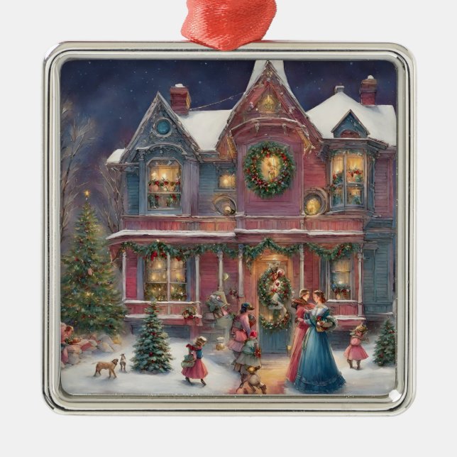 Victorian House, Ladies, Children on Christmas Eve Metal Tree Decoration (Front)