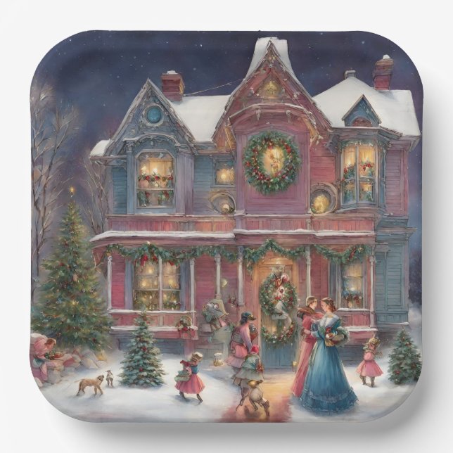 Victorian House, Ladies, Children on Christmas Eve Paper Plate (Front)