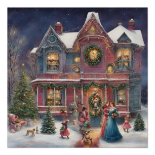 Victorian House, Ladies, Children on Christmas Eve Poster