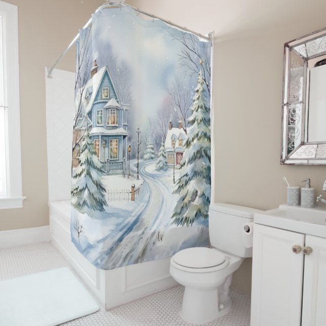 Victorian House Winter Scene Snow Shower Curtain (In Situ)