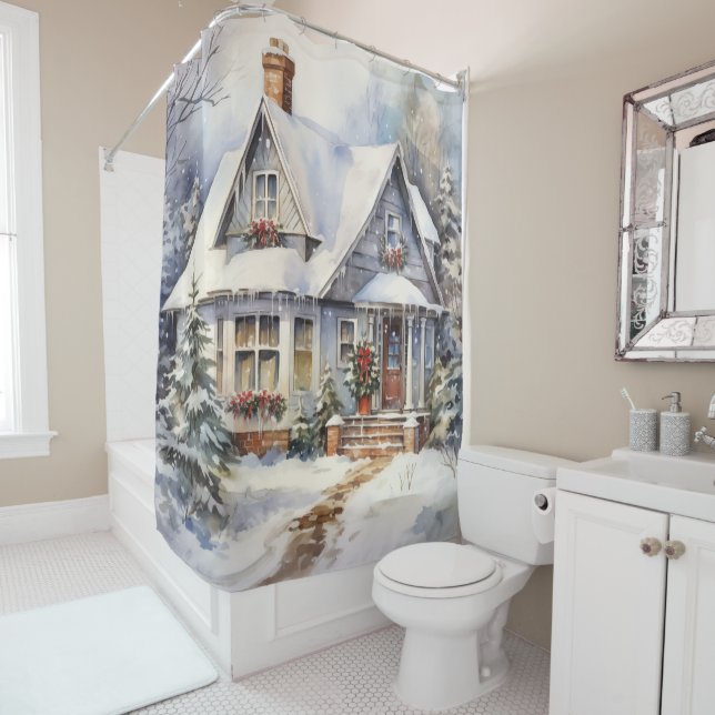 Victorian House Winter Scene Snow Shower Curtain (In Situ)