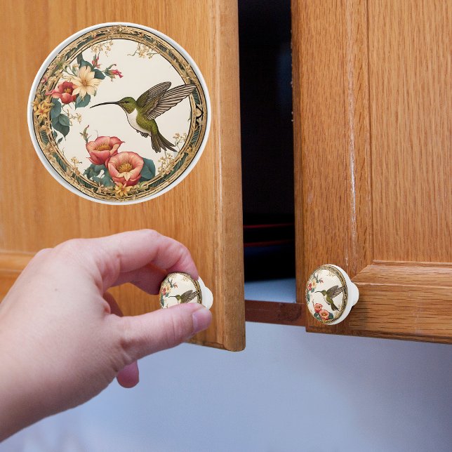 Victorian Hummingbird in a Circle Floral Frame Ceramic Knob (Creator Uploaded)